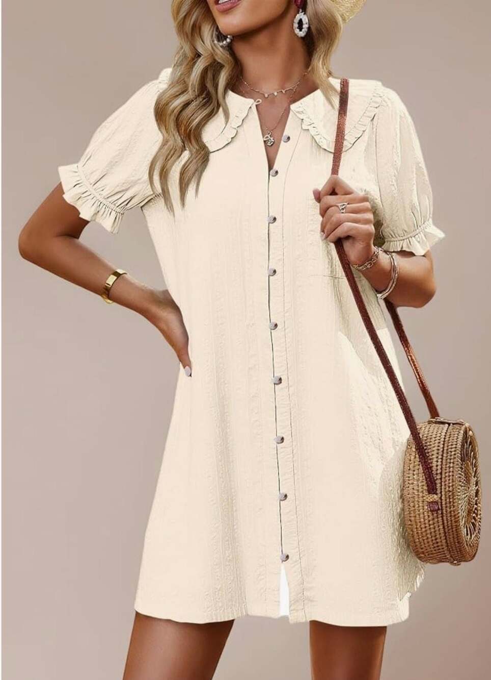 Cicy Bell Women's Puff Sleeve Peter Pan Collar Button Down Mini Dress Beige